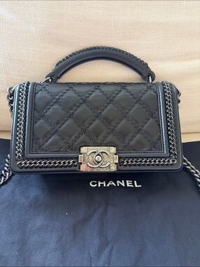 CHANEL Black Quilted Boy-Style Top Handle Shoulder Bag - old Medium size